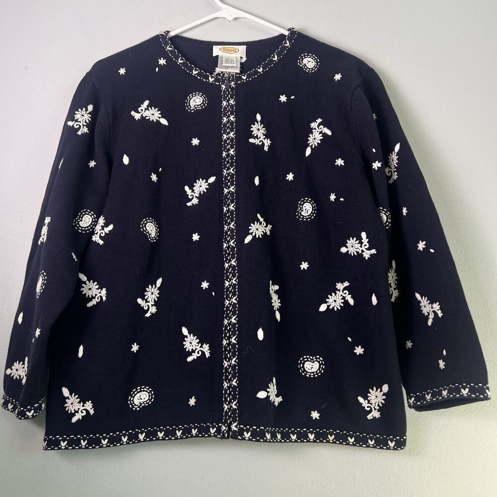 Vintage Talbots Women Cotton Knit Embroidered Full Zip Sweater Floral Sz L Black - Picture 1 of 9